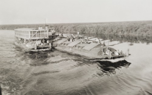 Nile steamer with barges. A steamer attended by barges makes its way along the River Nile in the