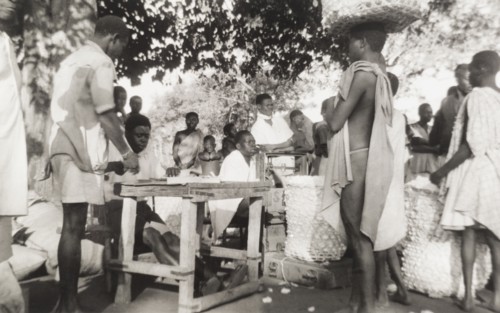 Cotton marketing at Meridi. Traders queue at an open-air market, balancing large, open-weave