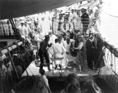 Antics aboard the S.S. Balmoral Castle. Crew members aboard the S.S. Balmoral Castle clown about on