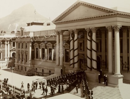 Opening of the new Union Parliament, Cape Town. The Duke and Duchess of Connaught are saluted and