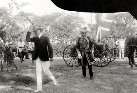 A Basuto chief visits the Duke of Connaught. One of several Basuto chiefs arrives at a reception to