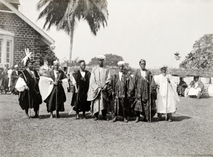 Bechuanaland chiefs. A group of finely dressed Bechaunaland chiefs pose for the camera holding