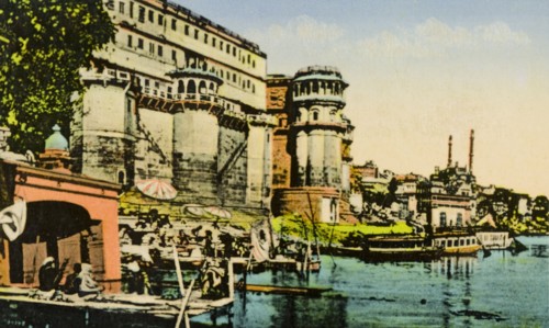 A bathing ghat at Benares. View of a bathing ghat (stepped wharf) on the River Ganges at Benares,