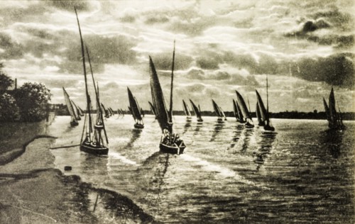 Sunset on the Nile. Sailboats at sunset, floating calmly on the waters of the River Nile. Egypt,