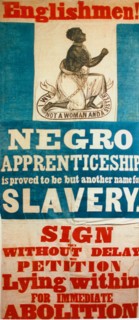 English anti-slavery banner. A framed fabric banner depicts a kneeling woman, enslaved under the