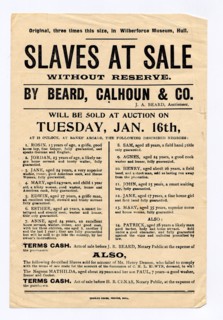 US slave sale poster. Poster advertising the public auction of 14 slaves. United States of America,