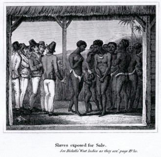 Slaves exposed for sale. Prospective European buyers haggle over a group of imported African