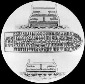Diagram of a slave ship. Diagram showing cross-sections of a trans-Atlantic slave ship. The drawing