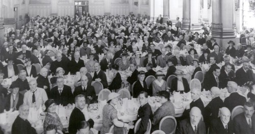 Anti-slavery fundraising dinner. English anti-slavery campaigners pack out a dining hall for a