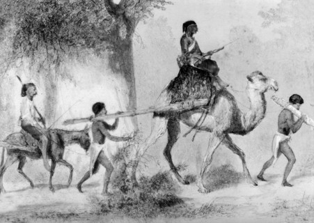 African slaves. Two yoked slaves are accompanied by guards riding a camel and a donkey. Northern