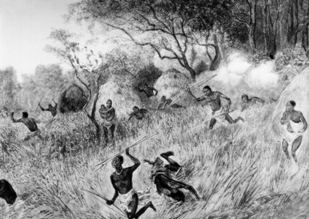 Families flee from slave traders. The inhabitants of an African village, including men, women and
