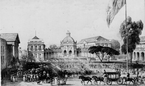 When slavery was abolished. Crowds dressed in their finest clothes pack a town square in