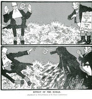 Effect of the Kodak'. A newspaper cartoon entitled 'Effect of the Kodak' depicts King Leopold II of