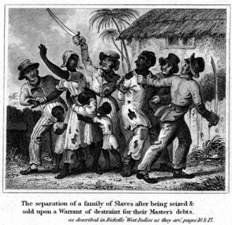 A slave family is separated. European debt collectors forcibly separate a family of slaves to be