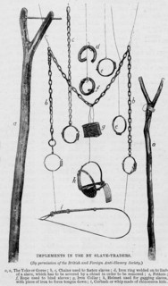 Implements of the slave trade. A book illustration depicts a variety of implements used by African