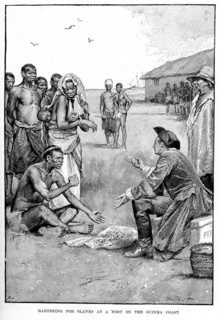 Bartering for slaves. A book illustration depicts European and African slave traders bartering for