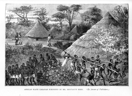 Surprised by Montague Kerr. A book illustration depicts African slave traders rushing their