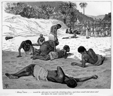 Slaves dying of thirst. A group of African slaves sink down in the sand, exhausted and dying of