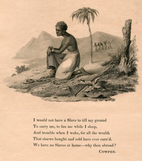 Kneeling slave. An illustration depicts a kneeling slave, tethered to the ground by chains securing his wrists and ankles