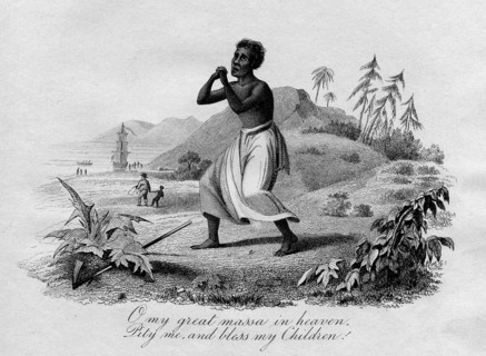 Pity me and bless my children'. A female slave desperately clasps her hands in prayer as a child