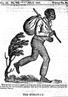 The runaway'. A newspaper cartoon depicts a runaway slave carrying a bindle over his shoulder. This