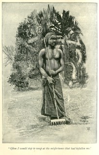 Portrait of a weeping slave. A book illustration depicts a weeping slave, at work raking the land.
