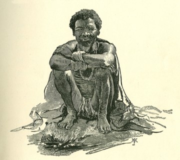 Portrait of a Sudanese slave. Illustration of a Sudanese slave, squatting on the ground beside by a