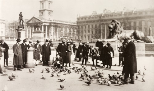 Feeding the pigeons. A crowd of people feed the pigeons in Trafalgar Square. London, England, circa