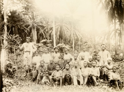 Inhabitants of Bioko. A group of men, women and children from Bioko line up for the camera in a
