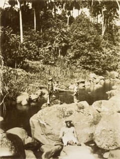 Relaxing by the river. Four men from Bioko relax by a jungle river. Bioko, Equatorial Guinea, circa