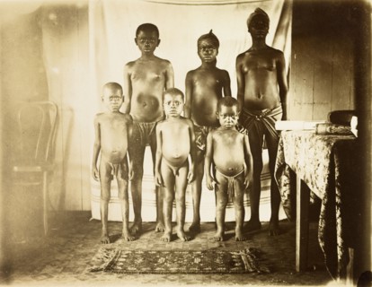 Inhabitants of Bioko. Portrait of six semi-naked children from Bioko, posed standing against a