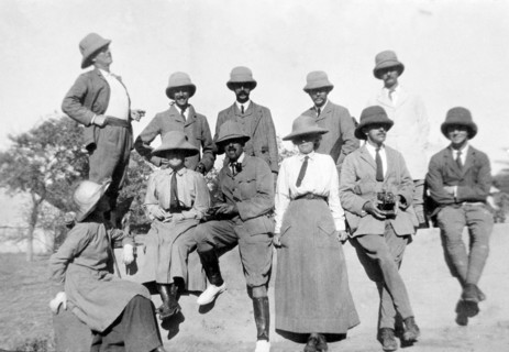 A European hunting party, 1911. A group of European friends pose for a photograph before embarking