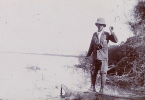 Crocodile hunting in India. Sir Henry Staveley Lawrence, Collector of Karachi, stands on the