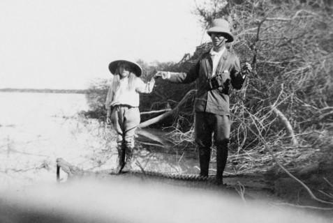 Father and daughter on a crocodile hunt. Sir Henry Staveley Lawrence, Collector of Karachi, holds
