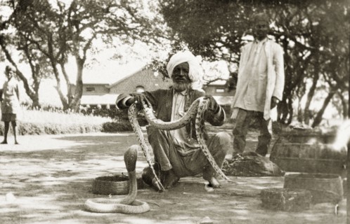 Snake charmer with a python and cobra. An Indian snake charmer squats on the ground, proudly
