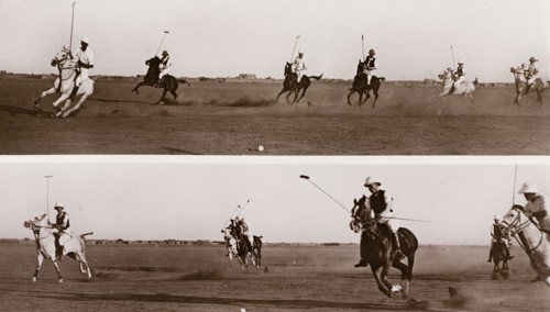 British officers play polo at Omdurman. A number of British military officers ride horses during a