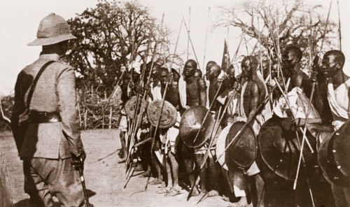 Sudanese warriors receive a 'Sirdar'. A British 'Sirdar' (Commander-in-Chief) of the Anglo-Egyptian