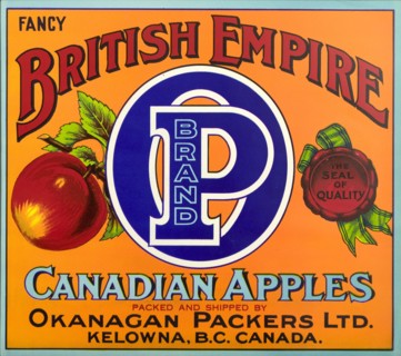 Advertisement for British Empire apples. A fruit box label advertises 'British Empire P Brand'