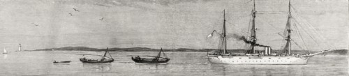 HMS Garnet comandeers illegal slave dhows. An illustration taken from the front page of 'The