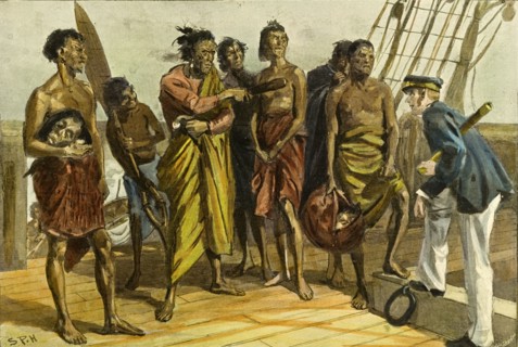 Maori head trafficking. Based on an earlier sketch by Major General H. G. Robley, this illustration