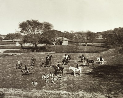 A meet of horses and hounds at Sialkot. A British hunting party gathers for a meet at the start of