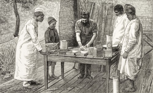 Teaching Malawian men to make bread. An illustration taken from a page of 'The Graphic' newspaper
