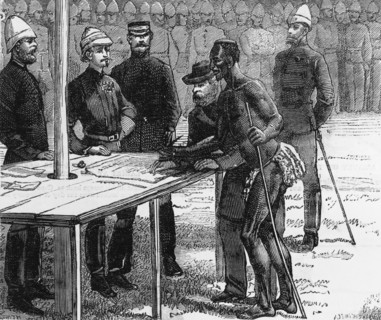 Signing a peace treaty after the Battle of Ulundi. Viscount Wolseley witnesses the signing of a