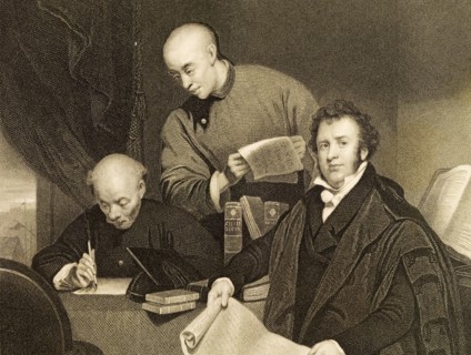 Translating the bible into Chinese. An engraving published circa 1853, depicts Reverend Robert