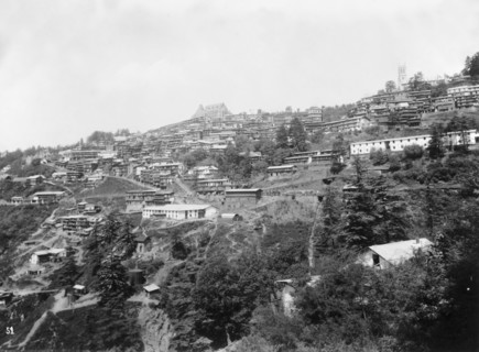 Simla hill station. Buildings perch on the mountainside at Simla, an north Indian hill station in