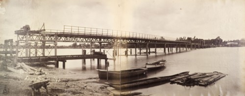 Construction of Nigerian Railways bridge. The construction of Denton Bridge at Lagos, a truss