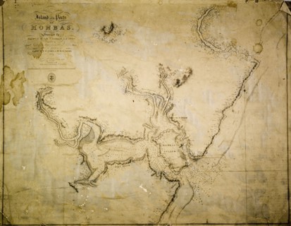 Map of Mombas Island, 1827. A map of the island and ports of Mombas (Mombasa), surveyed under the