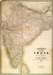 Cruchley's map of India, 1857. A map of India, detailing the roads, railways and military stations