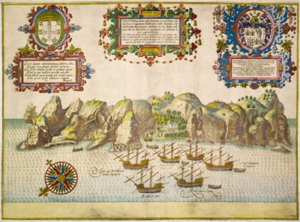 Illustration of St Helena, 1589. An illustration of the island of St Helena features several