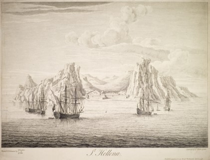 Galleons off the coast of St Helena. An engraving, based on a painting by George Lambert